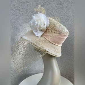 Vintage Whittall & Shon brim hat gold netting faux flower Sz 22.5” Made in USA